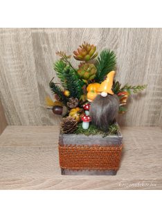   Őszi asztali dekoráció/dísz manó kerámiával fa ládában m19cm