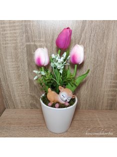 Asztali dísz gumi tulipánnal, őzike kerámiával ma:25cm