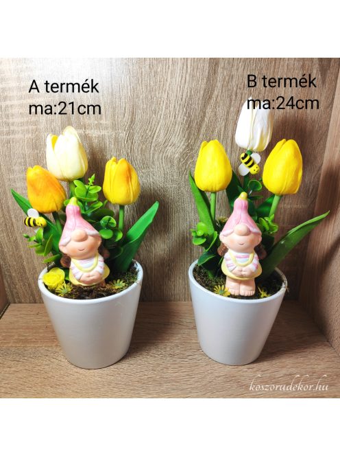 Asztali dísz gumi tulipánnal, manó lány kerámiával kétféle 