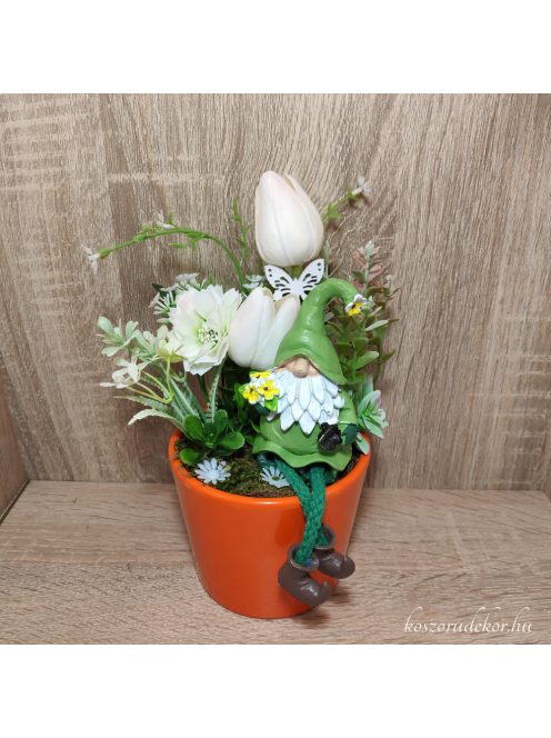 Asztali dísz gumi tulipánnal, lógó lábú manóval ma:21cm