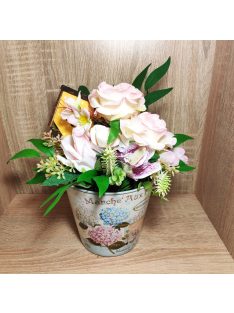   Asztali dísz/lakás dekor selyem virágokkal (rózsa, orchidea) m:27cm