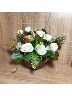   Asztali dísz/lakás dekor selyem rózsákkal, zölddel díszítve kerámia kaspóban  m:19cm