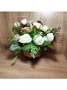   Asztali dísz/lakás dekor selyem rózsákkal, zölddel díszítve kerámia kaspóban  m:19cm